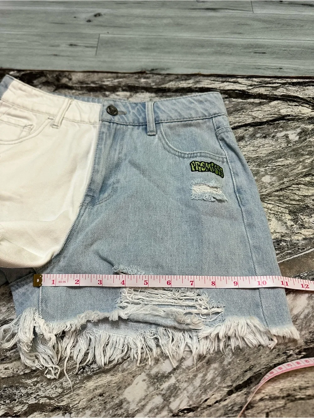 Broken Promises Two-Tone White & Light Blue Distressed Denim Shorts